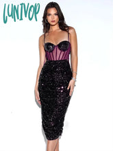 Lunivop Women Summer Runway Sexy Sleeveless Mesh Sequins Beige Purple Midi Dress High Street Club